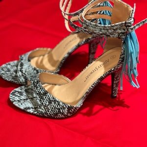 Ashley Stewart high heel sandals fringe blue snake skin.